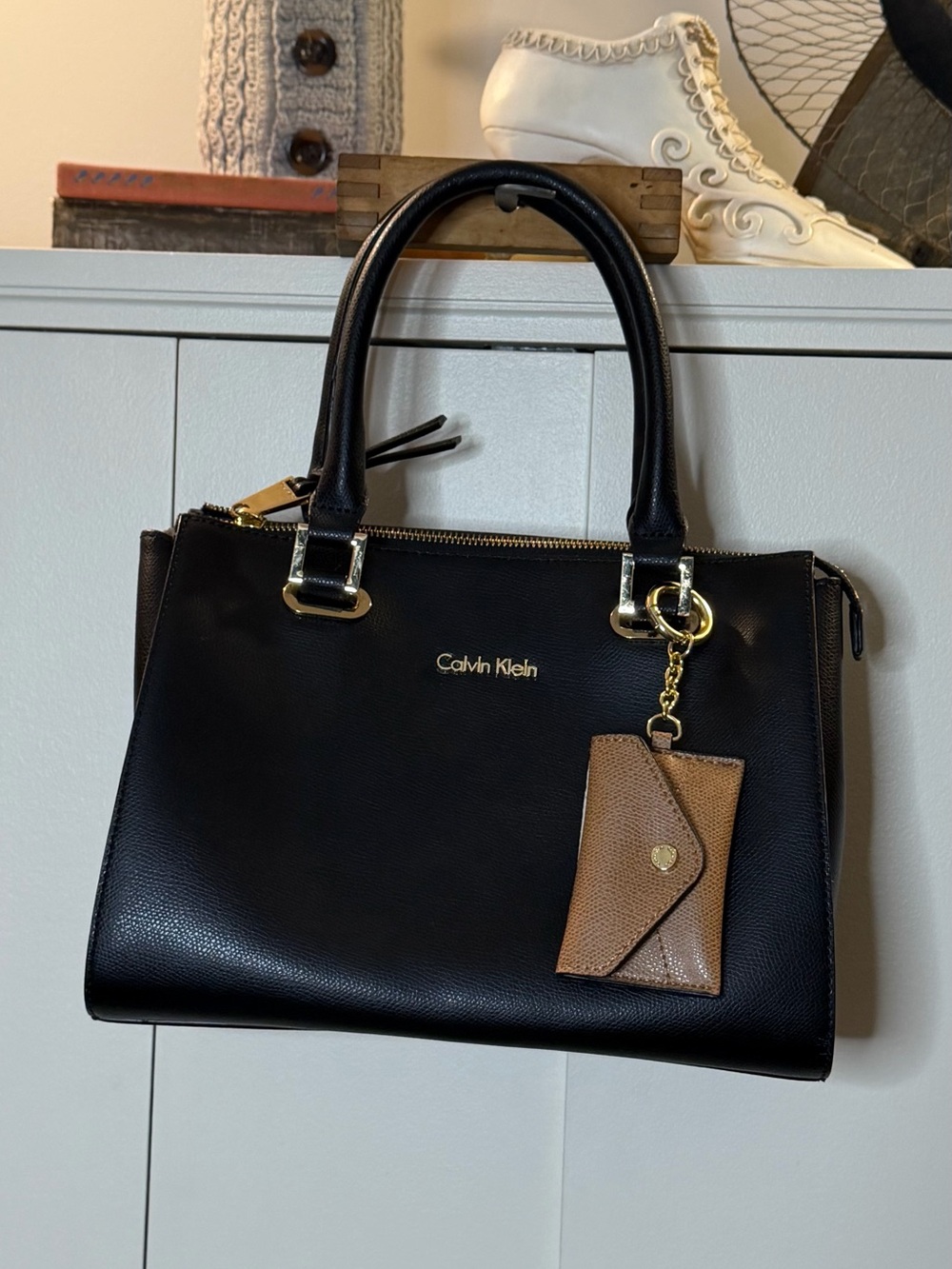 Calvin Klein Black Pebbled Leather Satchel with Brown Accent Tag